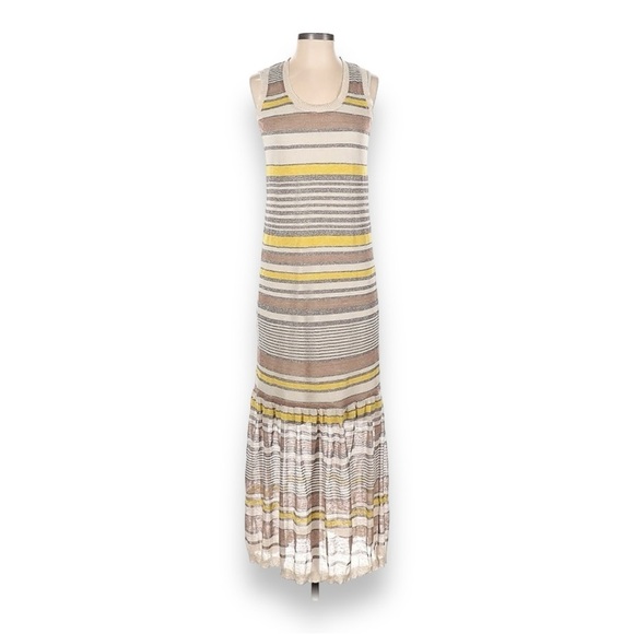 Vintage Y2K Beige Stripe Linen Viscose Blend Lightweight Knit Midi Dress w/ Slip - Picture 3 of 8